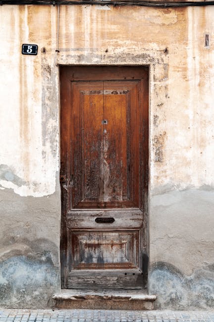 Rustic wooden door with number 5